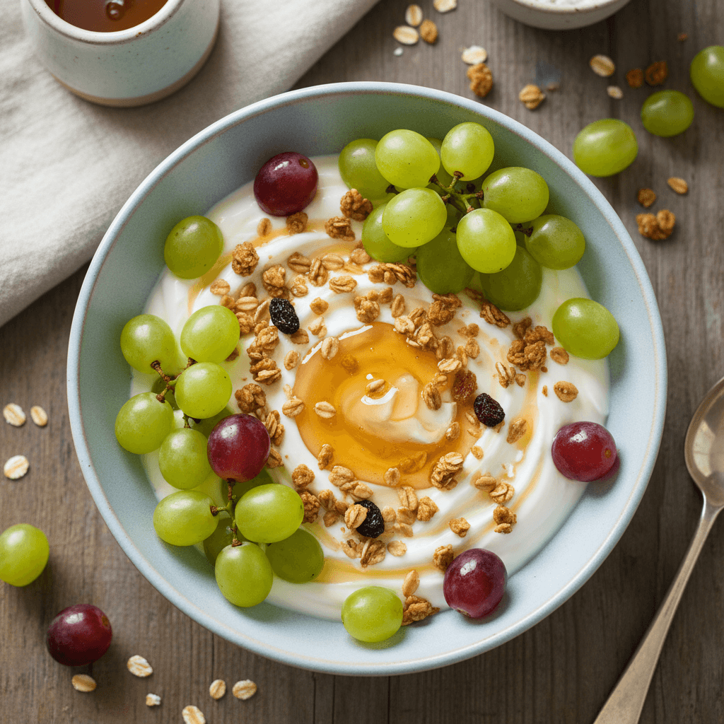 Pusryčių dubenėlis su natūraliu jogurtu, perpjautomis vynuogėmis ir medumi.