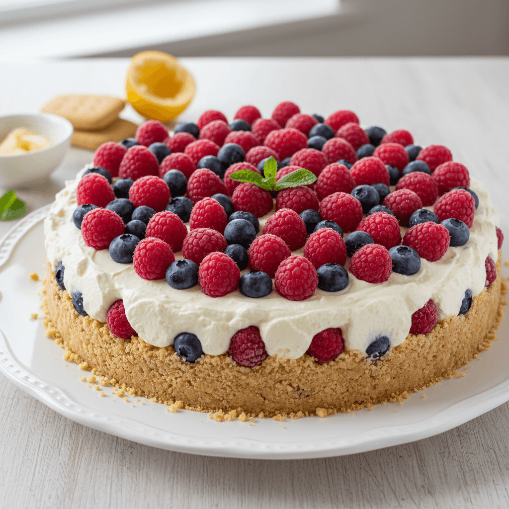 Gaivus, spalvingas uogų tortas be kepimo, papuoštas šviežiomis avietėmis ir šilauogėmis ant balto lėkštės.