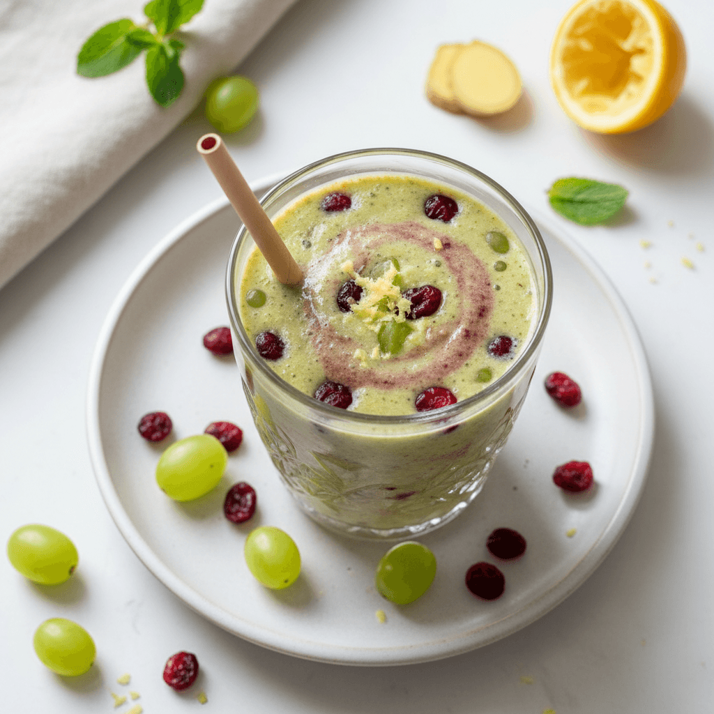 Ryškus, gaivus vynuogių ir spanguolių glotnutis stiklinėje, papuoštas šviežiomis vynuogėmis.