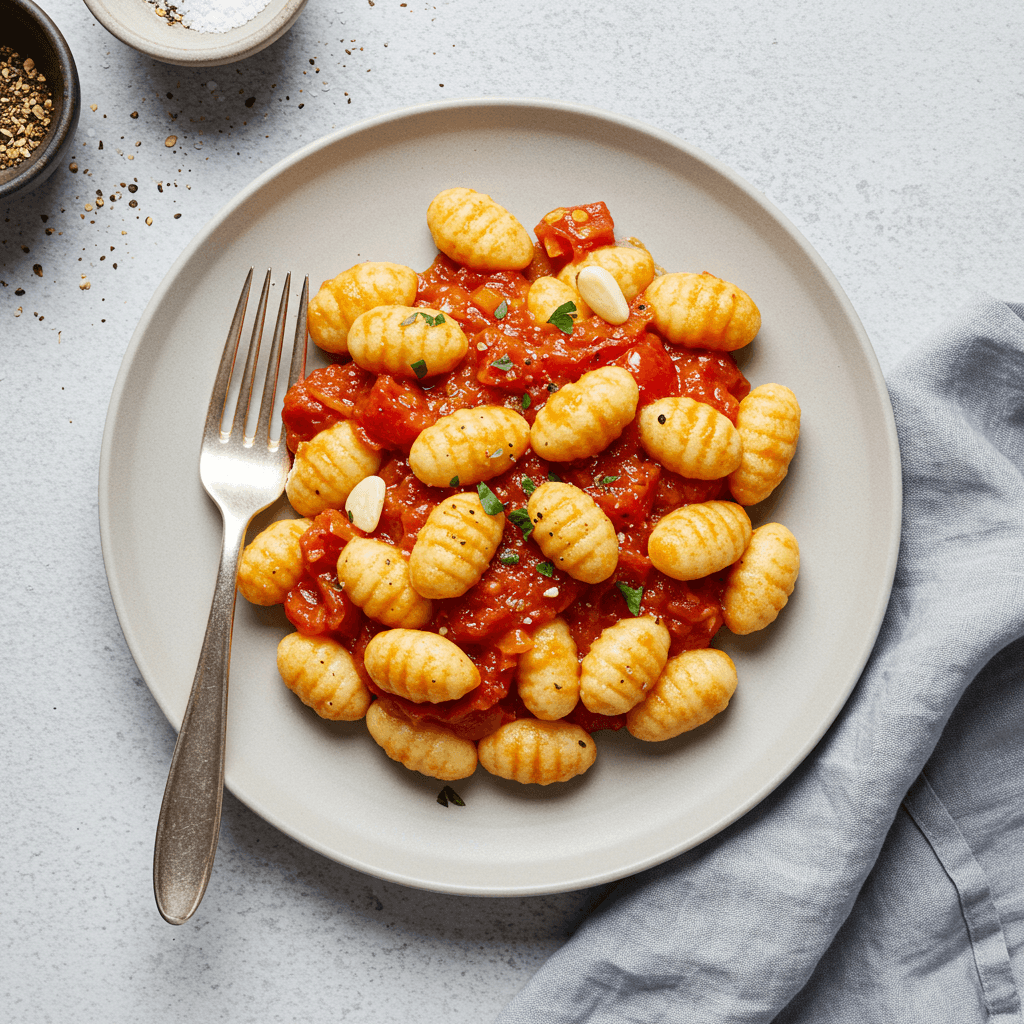 Lėkštė gnocchi su raudonu pomidorų padažu ir baziliko papuošimu