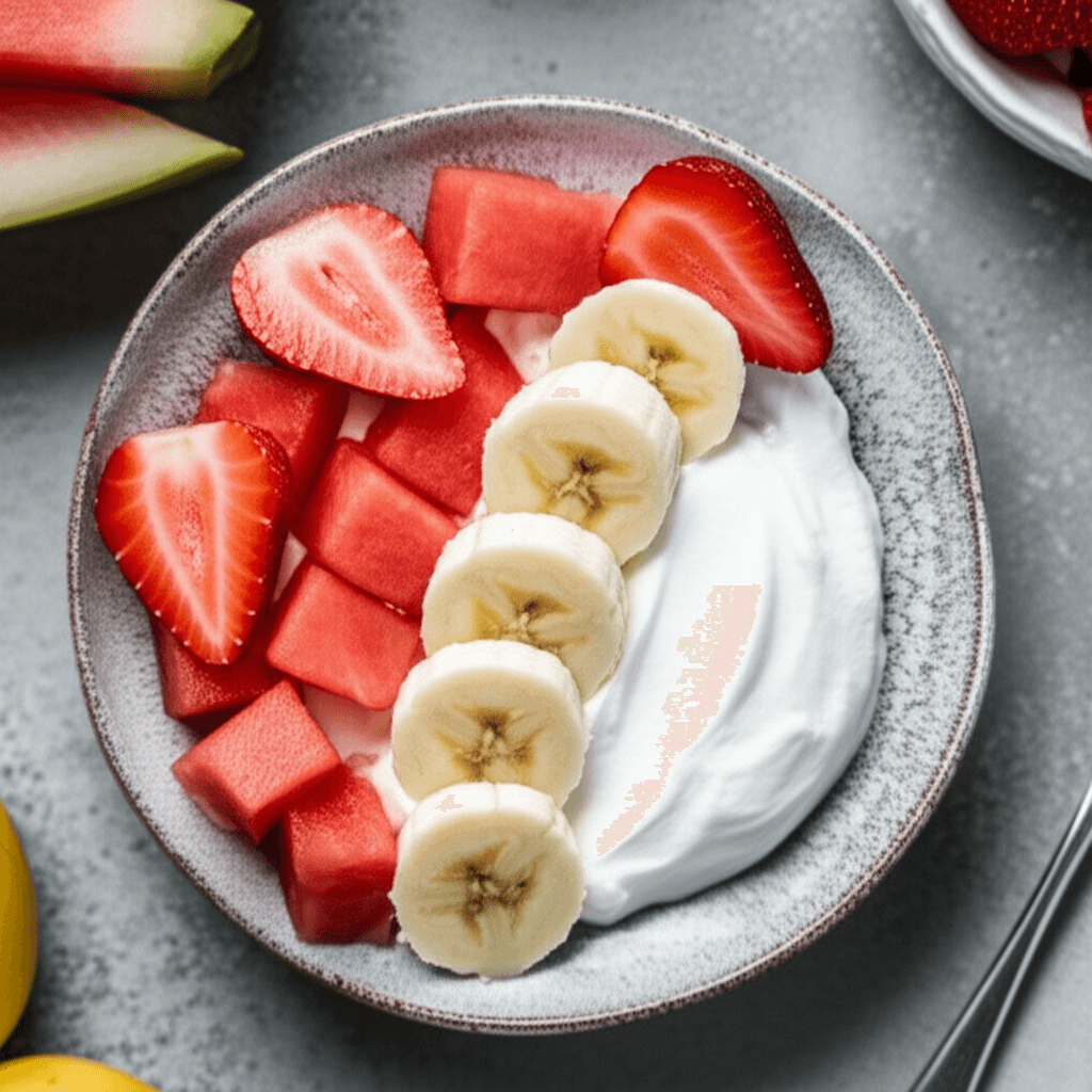 Dubuo graikiško jogurto su šviežiais pjaustytais bananais, braškėmis ir arbūzu