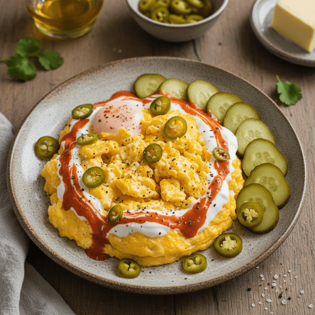 Lėkštė kiaušinienės su grietine, Sriracha padažu, marinuotais agurkėliais ir jalapeño pipirais.