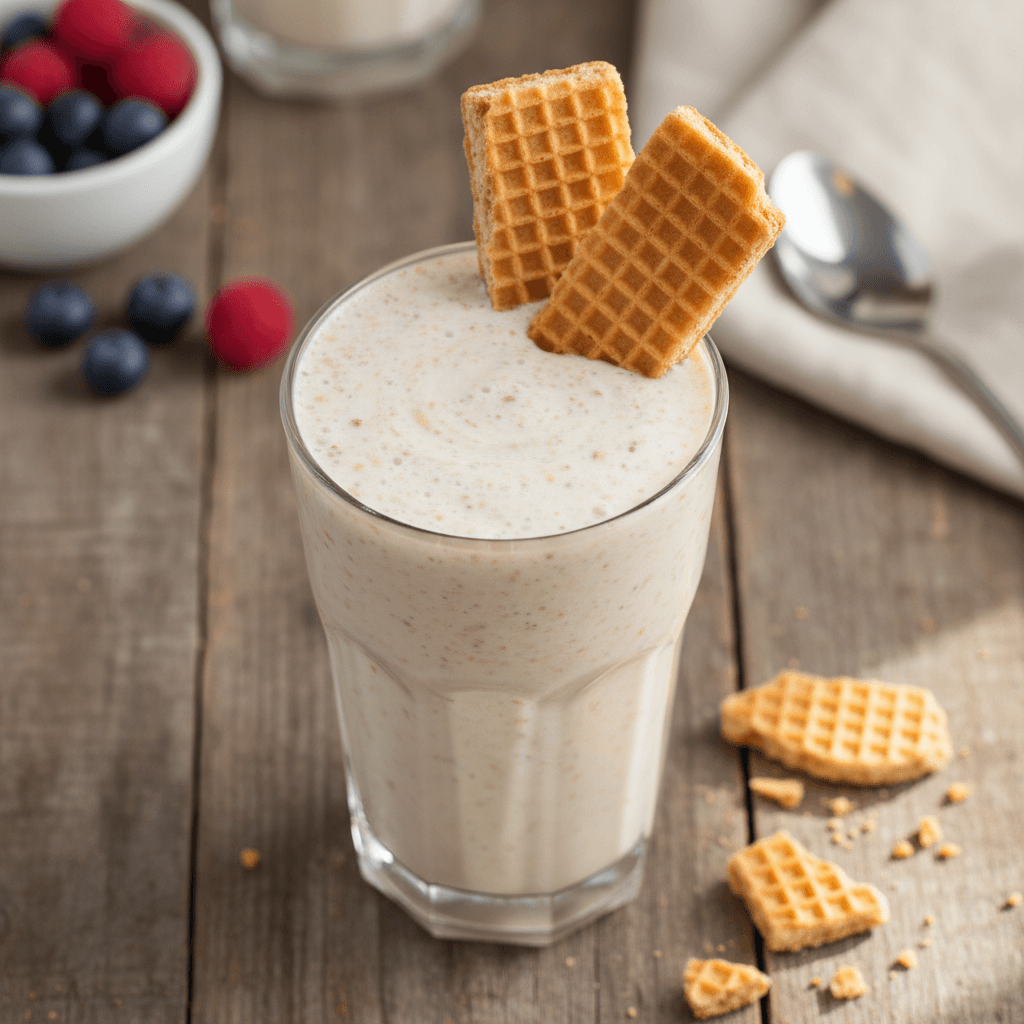 Greitas kokteilis su Nutricia gėrimu ir Actifeel jogurtu, patiekiamas stiklinėje su trapučiais.