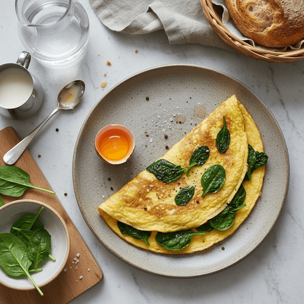 Auksinis, purus omletas su žaliais špinatais keptuvėje, paruoštas valgyti.