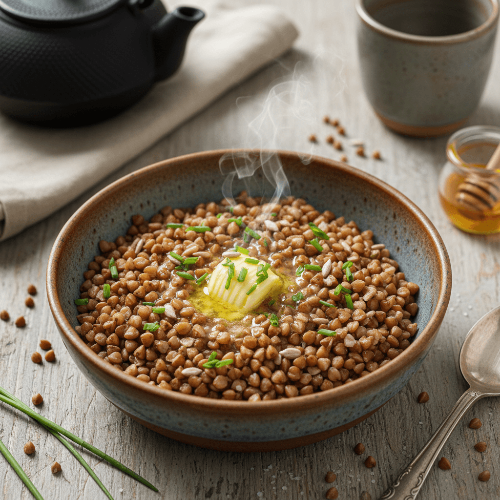 Lėkštė grikių košės su sviestu ir šviežiomis uogomis