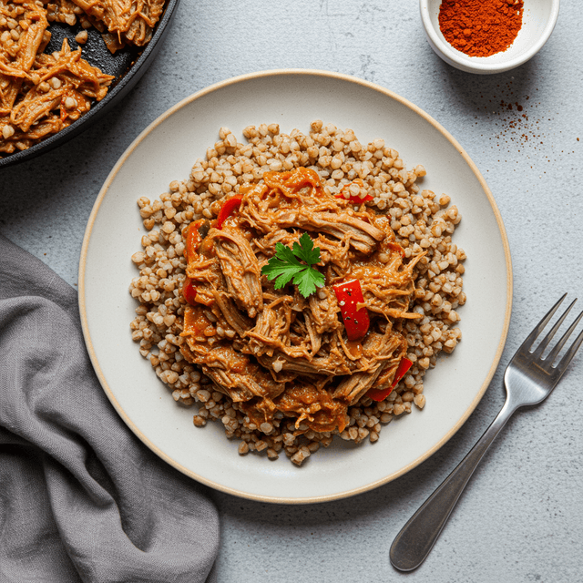 Soti keptuvės vakarienė su plėšyta kiauliena ir grikiais, pagardinta paprika
