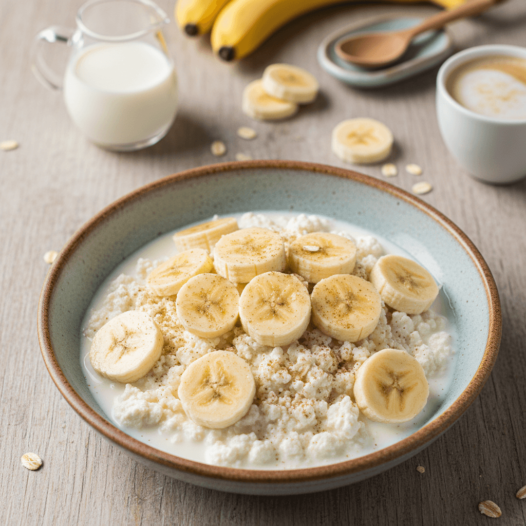 Dubenyje patiekta grūdėta varškė su supjaustytais bananais, pienu ir cinamonu, paruošta pusryčiams.