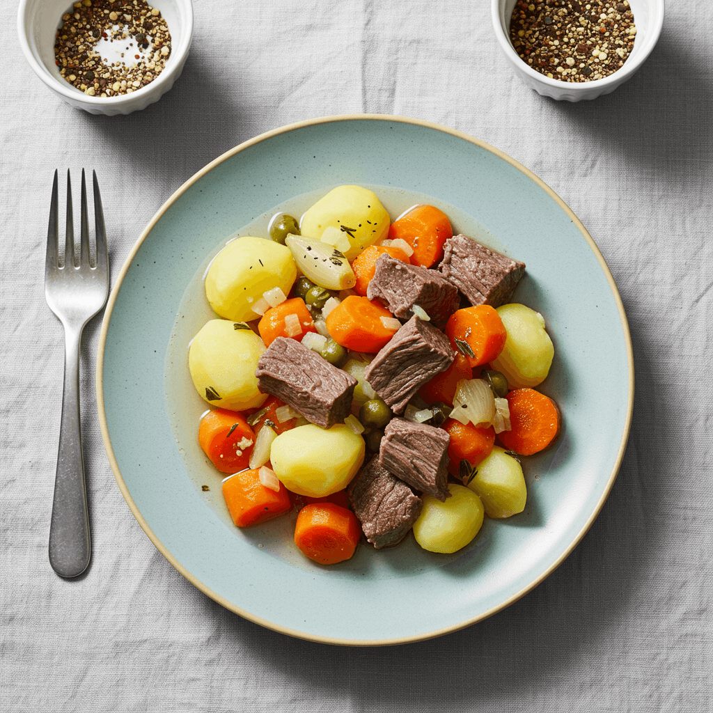 A warm bowl of hearty beef and vegetable stew, featuring diced potatoes, sliced carrots, and tender beef pieces in a savory broth.