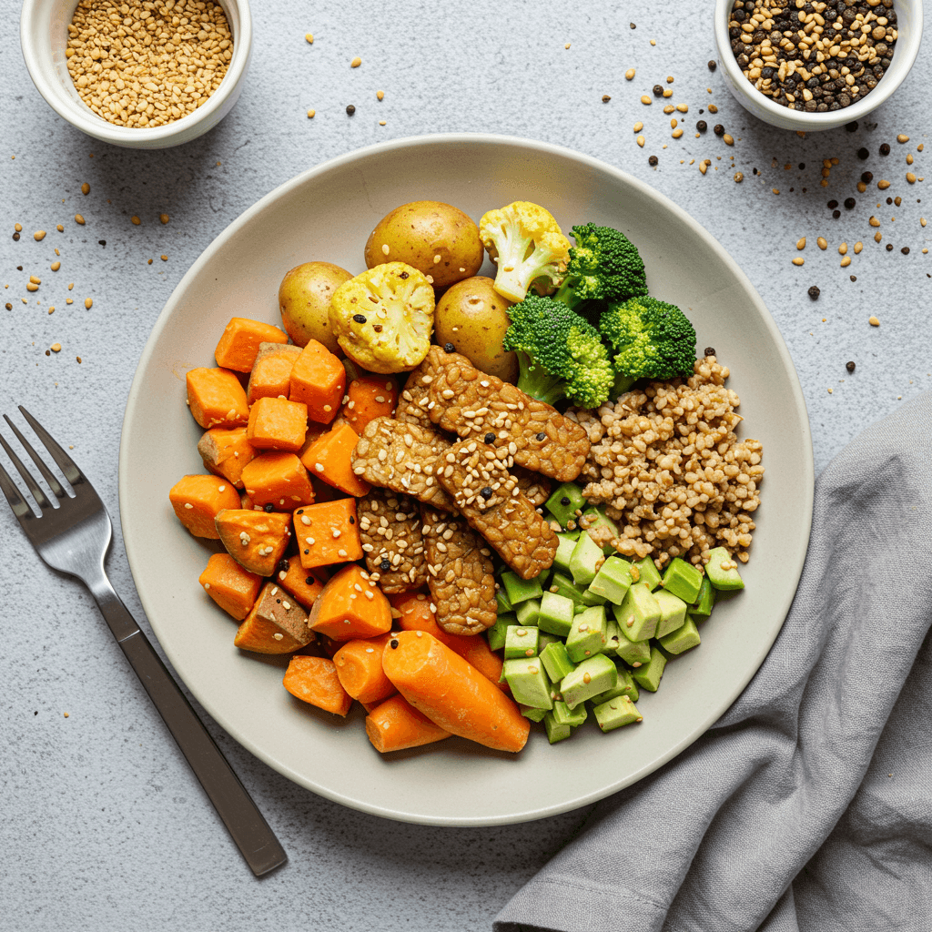 Colorful vegan power bowl with roasted vegetables, tempeh, and legumes