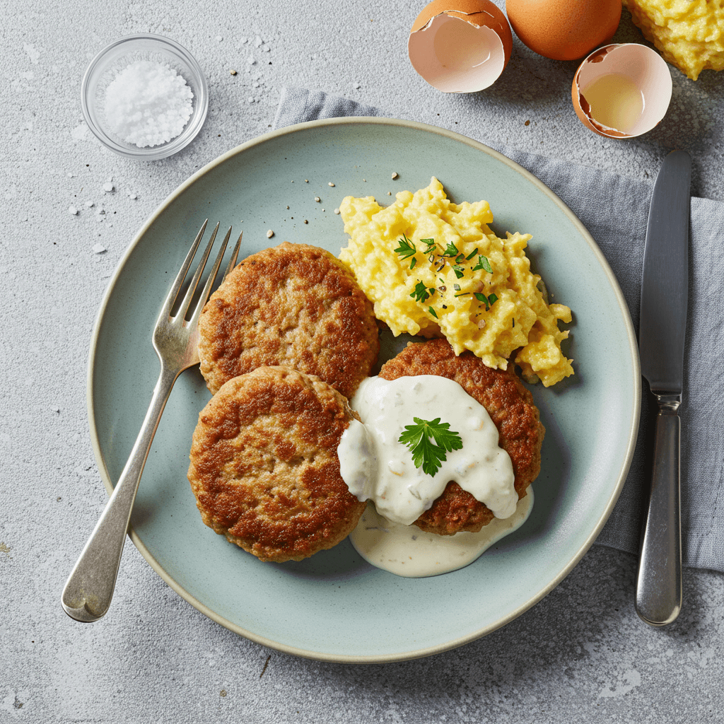 Homestyle ground meat cutlets with creamy white sauce