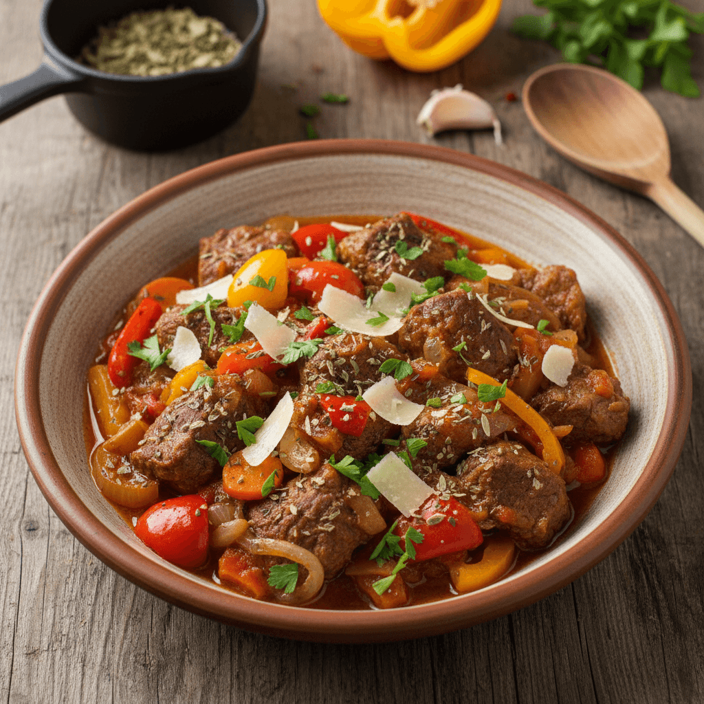 Lėkštė su jautienos sprandinės troškiniu, kuriame matosi raudonų ir geltonų paprikų gabalėliai, padažas ir šviežios petražolės.