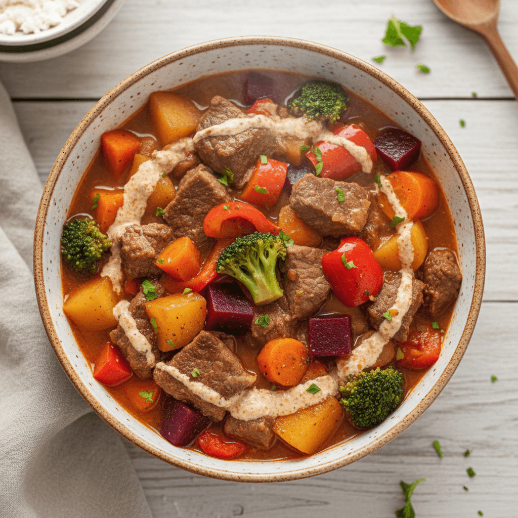 Sotus jautienos troškinys su bulvėmis, morkomis, paprika, pomidorais ir brokolių žiedynėliais, patiektas su tarkuotais burokėliais.