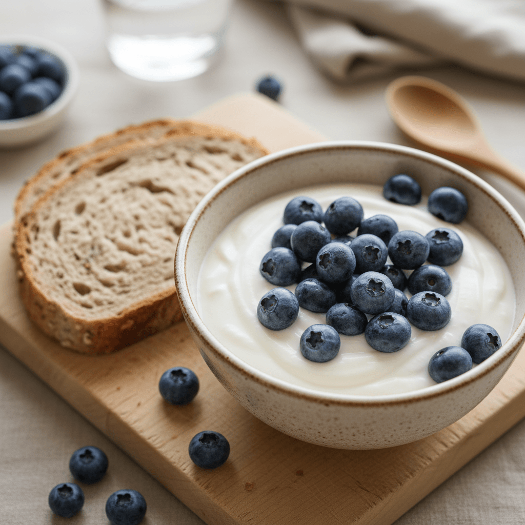 Dubuo neriebaus jogurto su šviežiomis mėlynėmis ir riekelė viso grūdo duonos šalia.