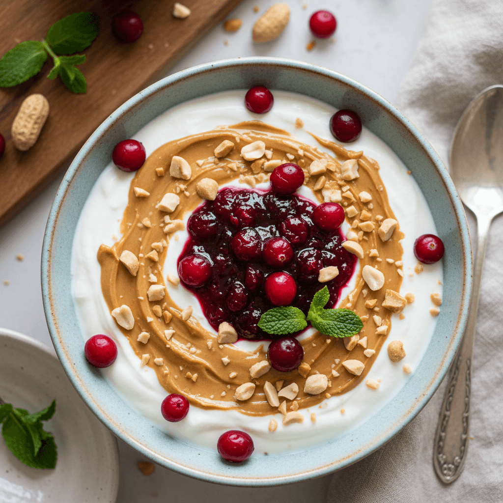 Natūralus jogurtas su riešutų sviestu ir spanguolių uogiene stikliniame dubenėlyje.