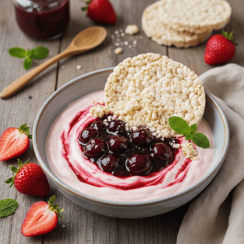 Dubuo braškinio jogurto su uogienės ir sutrupintų trapučių sluoksniu.