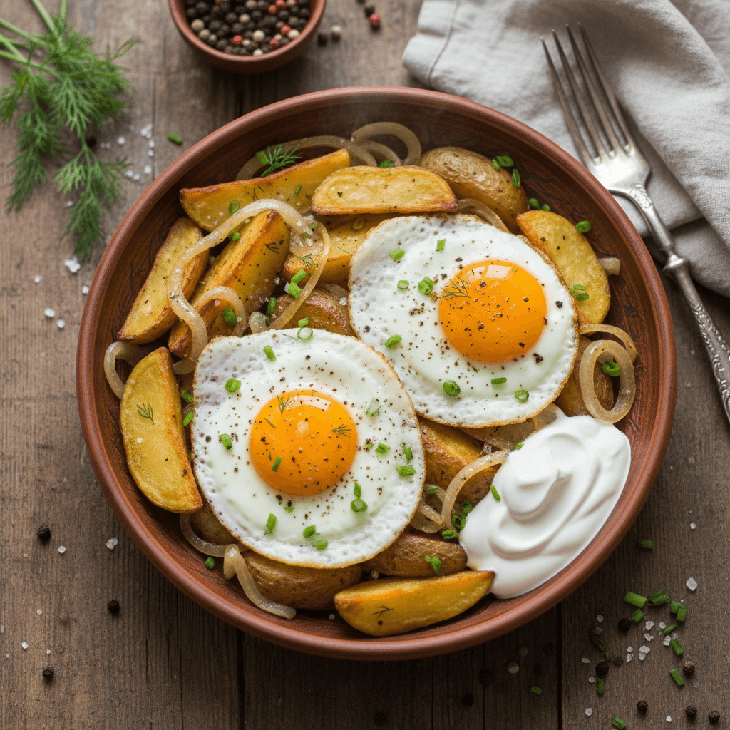 Keptos bulvės su keptais kiaušiniais ir grietine, patiektos keptuvėje
