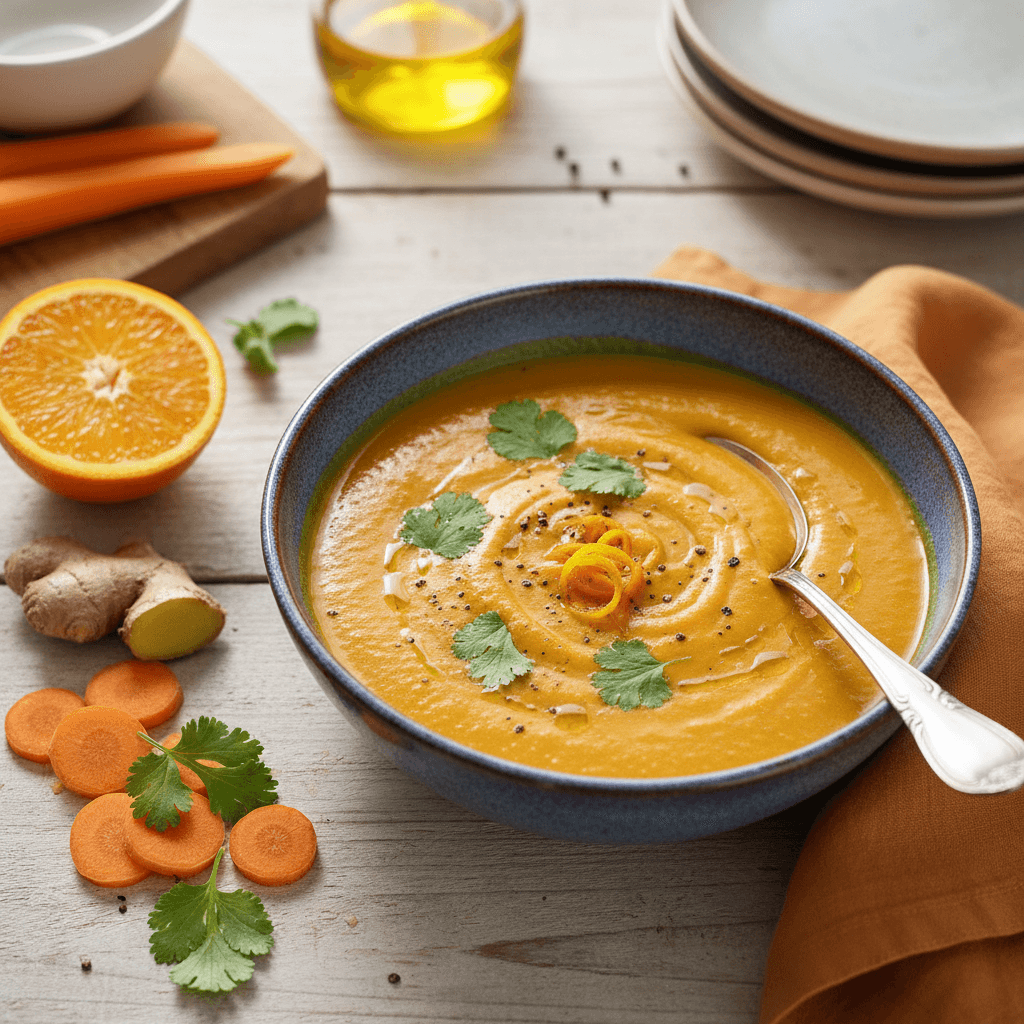Gausiai papuošta oranžinė morkų ir apelsinų sriuba dubenyje, su žolelėmis ir šlakeliu kremo.
