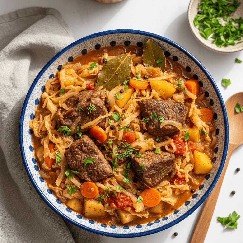 Sodrus karališkas kopūstų troškinys su jautiena, patiektas dubenyje su grietine ir šviežiais krapais.