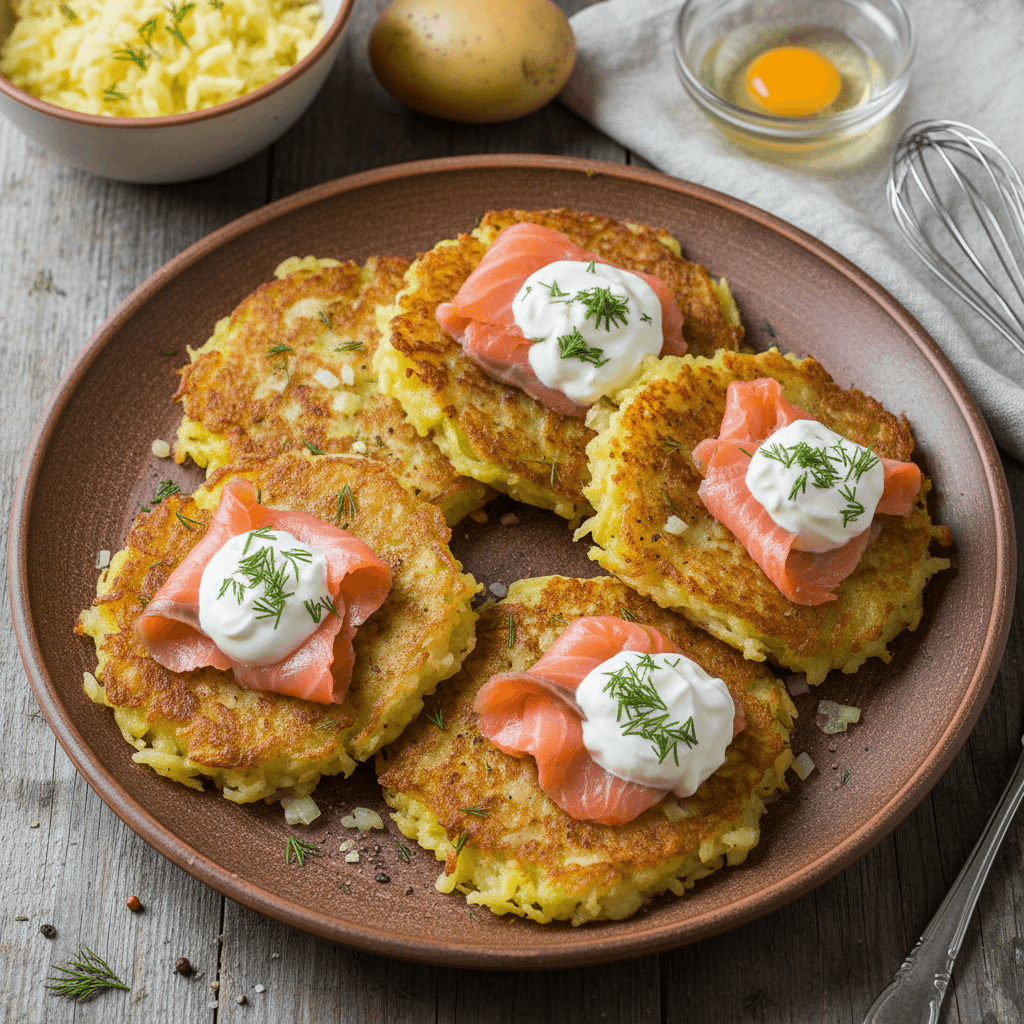 Auksiniai bulviniai blynai su rūkyta lašiša, grietine ir krapais, patiekti pusryčiams.