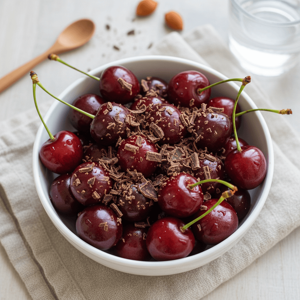 Šviežios raudonos trešnės su juodojo šokolado drožlėmis, patiektos elegantiškame dubenėlyje.