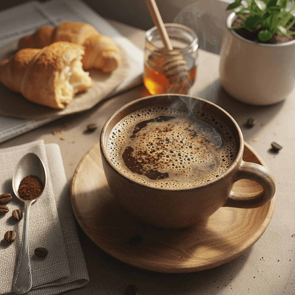 Aromatingas kavos puodelis su lengva puta, padėtas ant medinio stalo, paruoštas mėgautis.