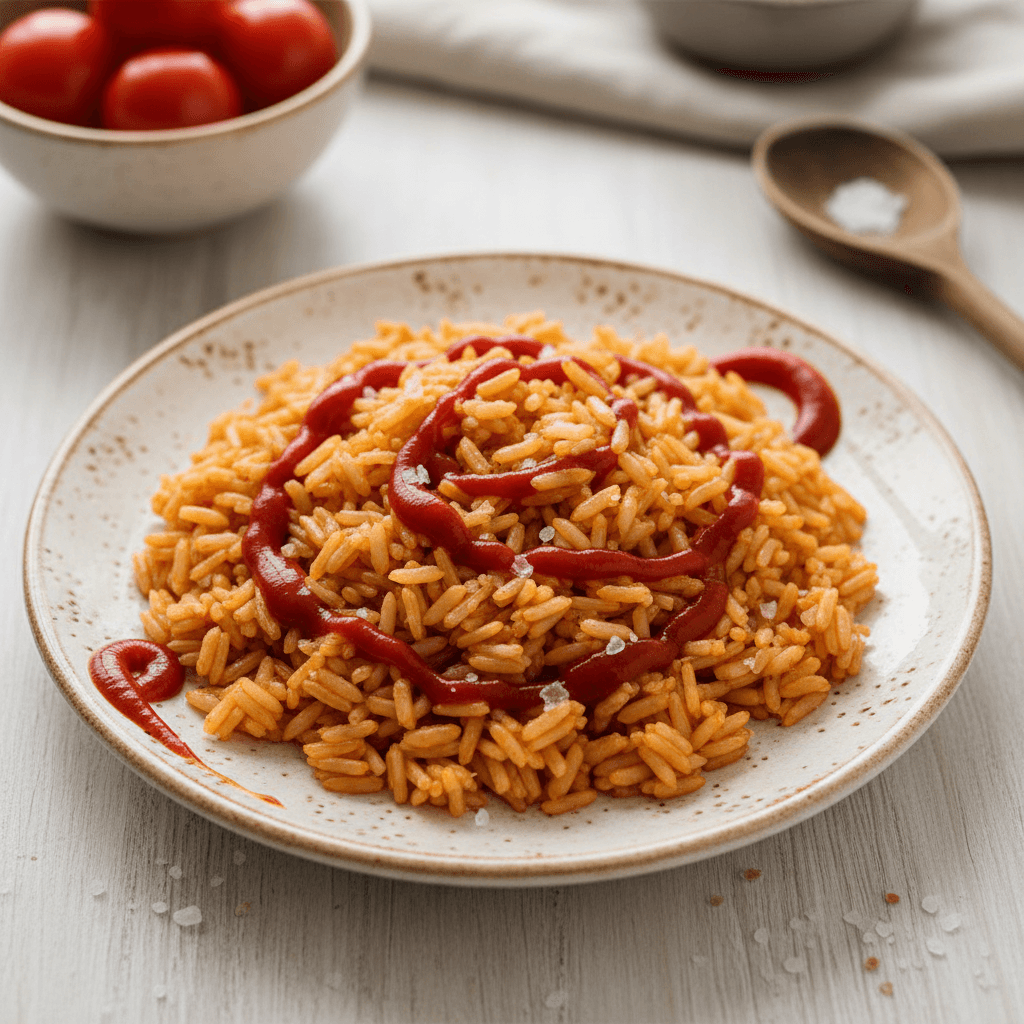 Lėkštė su puriais baltais ryžiais, gausiai aplietais raudonu kečupu, paruošta valgyti.