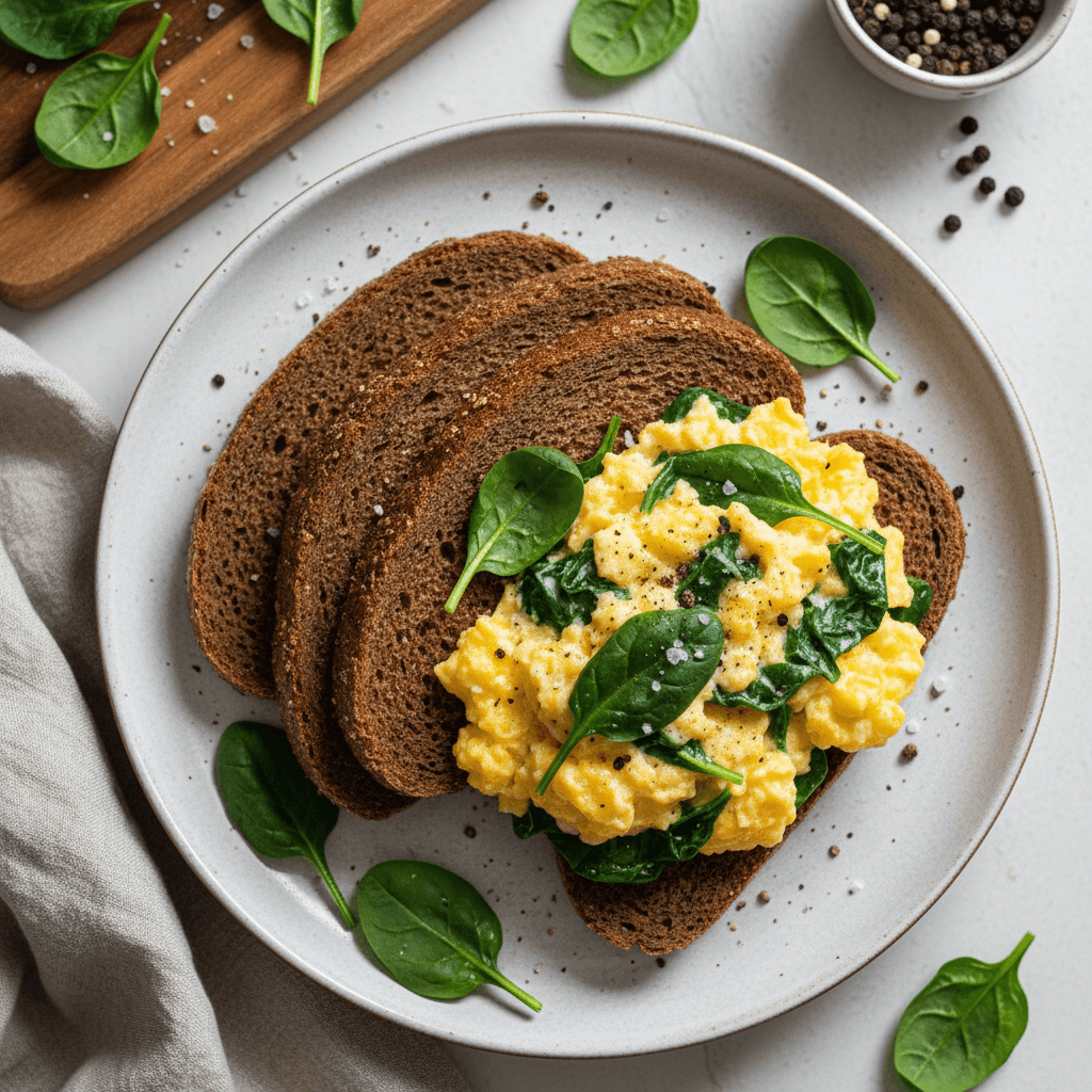 Apskrudusi juoda duona su puria kiaušiniene ir šviežiais špinatais lėkštėje