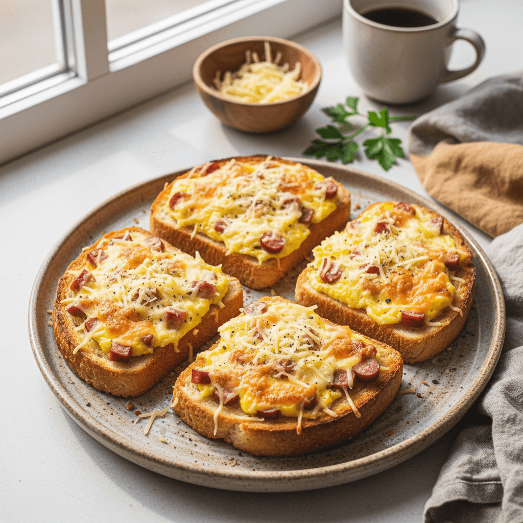 Apskrudusi forminė duona su iškeptu kiaušiniu, tirpstančiu sūriu ir dešra ant kepimo popieriaus.