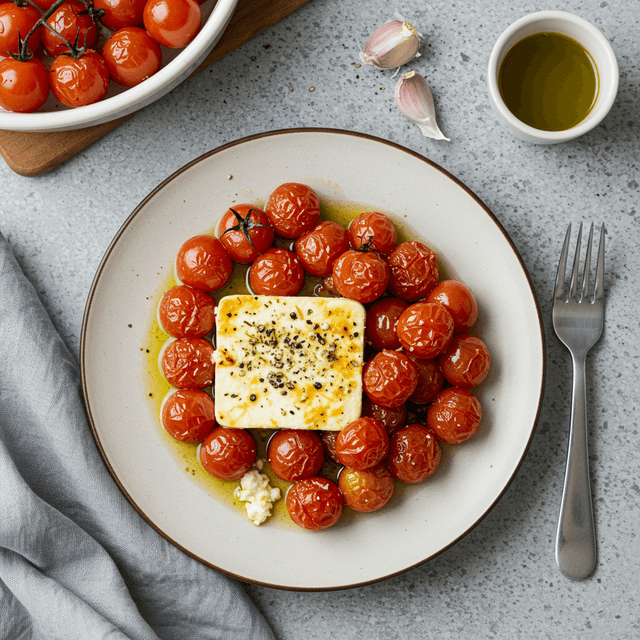 Kepta feta ir vyšniniai pomidorai inde