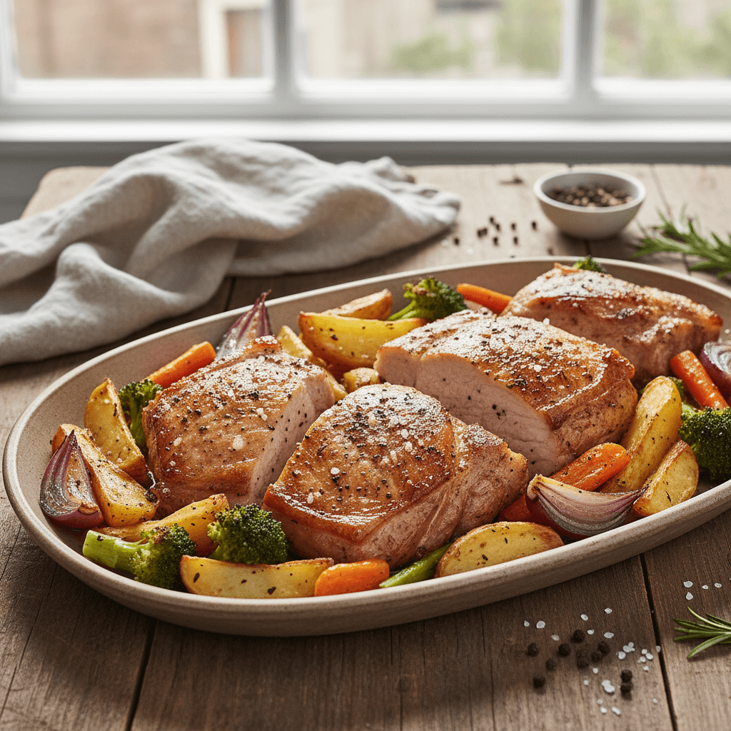 Kepta kiauliena su bulvėmis, morkomis ir brokoliais, patiekta lėkštėje.