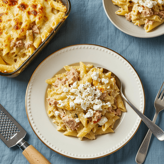 Kreminė tuno ir fetos kepta pasta inde, padengta auksiniu sūrio sluoksniu.