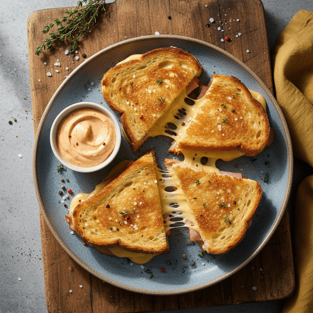 Auksinės spalvos kepta sumuštinių duona su išsilydžiusiu sūriu ir kumpiu, patiekta ant lėkštės.