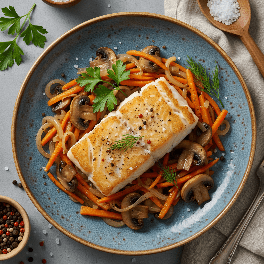 Lėkštėje patiekta kepta žuvies filė su apskrudusiais pievagrybiais ir morkomis.