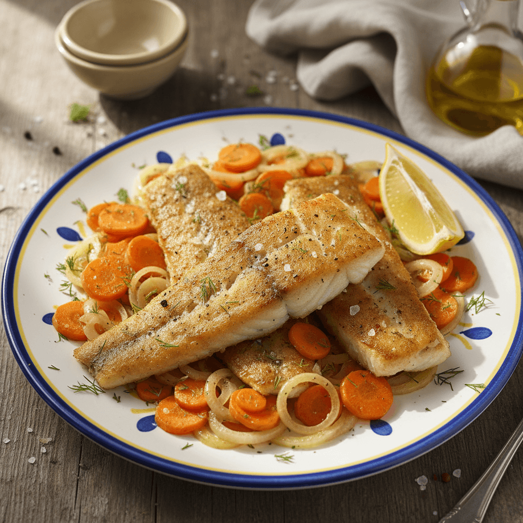 Kepta žuvis su apskrudusiomis morkomis ir svogūnais, papuošta šviežiais krapais ir citrinos skiltele.