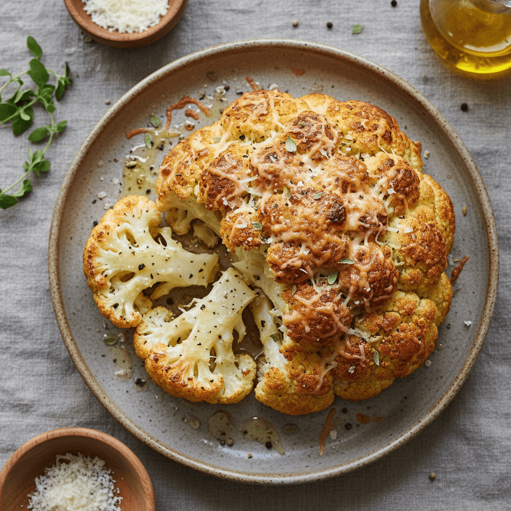 Keptas kalafijoras su išlydytu auksinės spalvos sūriu, patiektas kepimo skardoje.