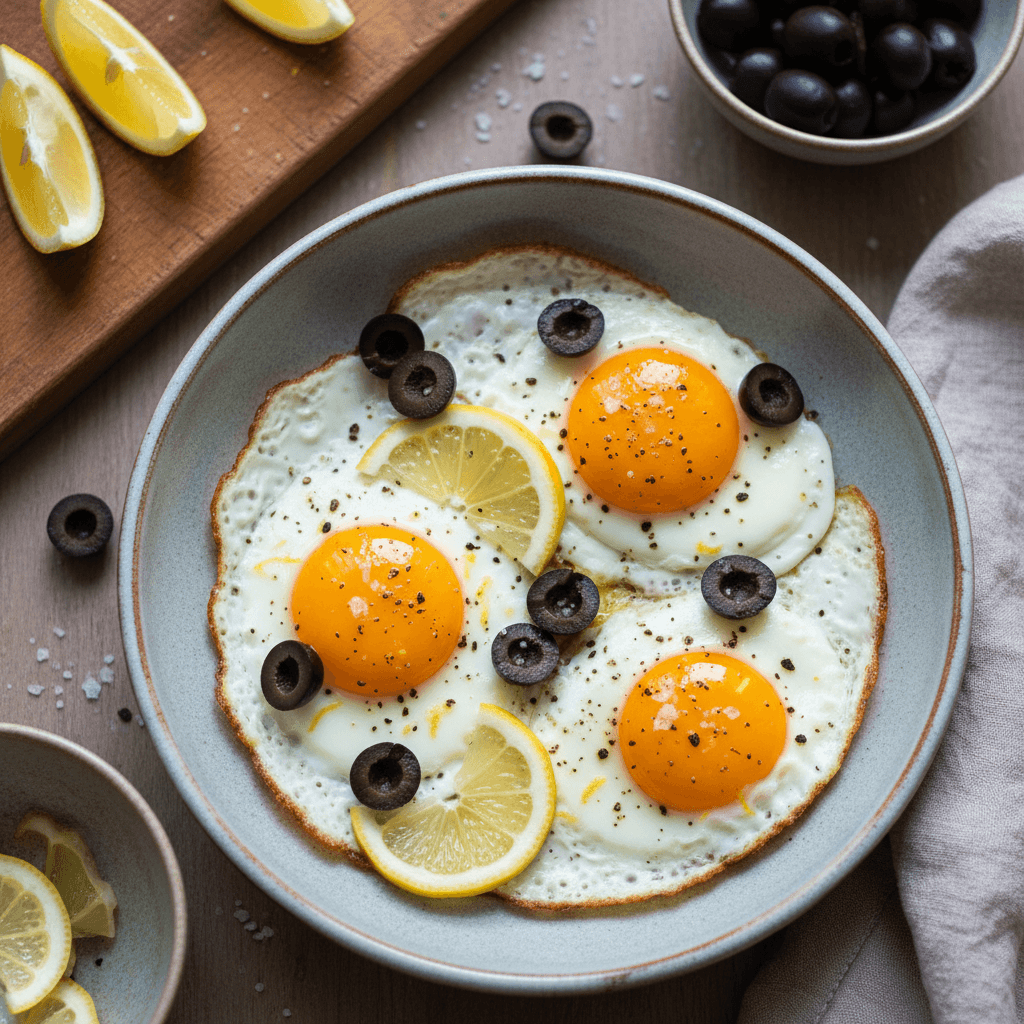 Kepti kiaušiniai su citrinos griežinėliais ir juodosiomis alyvuogėmis, patiekti lėkštėje.