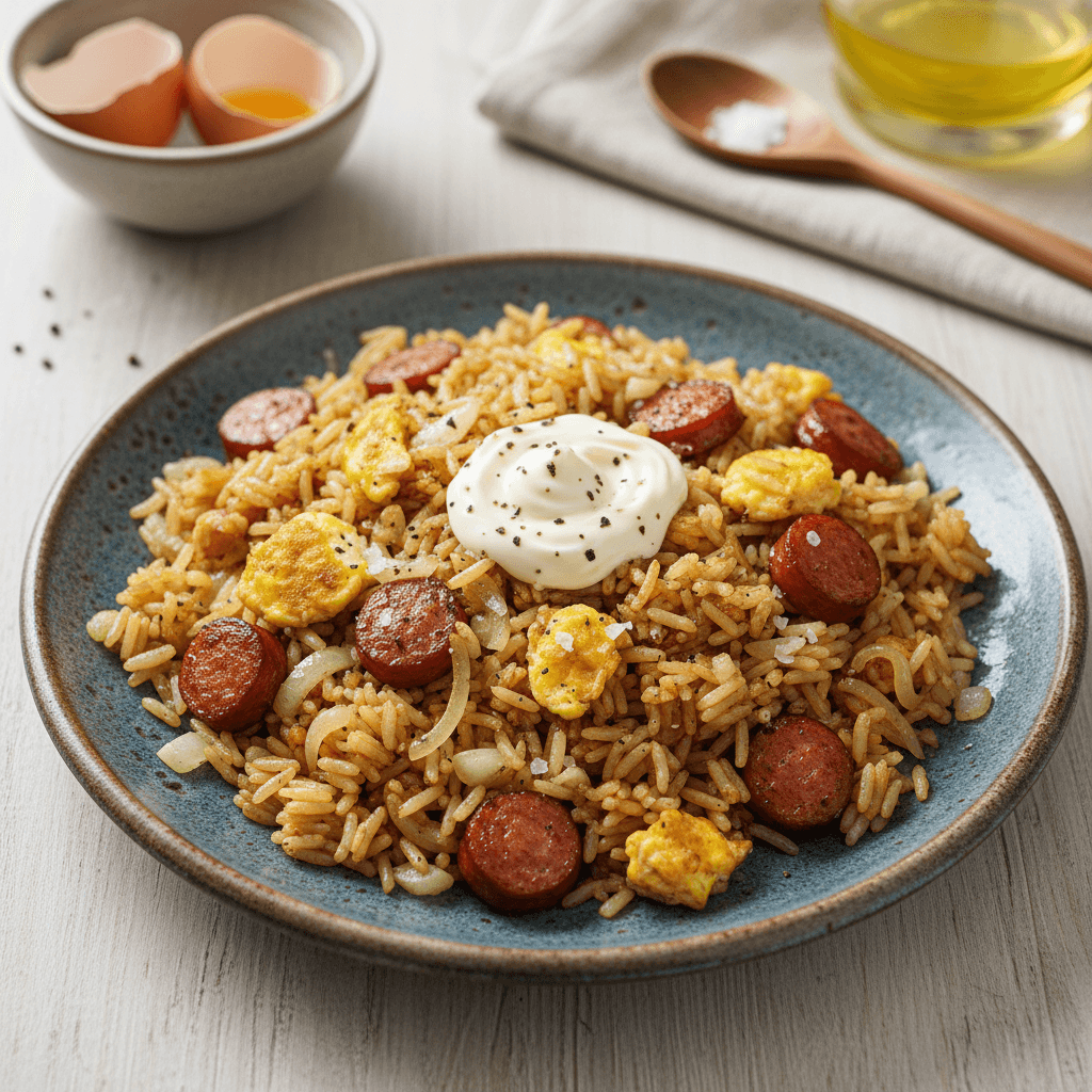 Lėkštė su keptais ryžiais, dešros gabalėliais, kiaušinių juostelėmis ir smulkintais svogūnais.