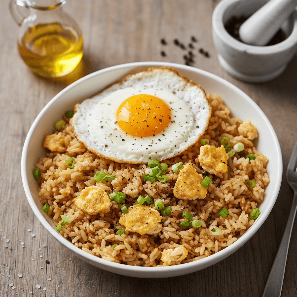 Kepti ryžiai su kiaušiniu, pagardinti žalumynais lėkštėje.