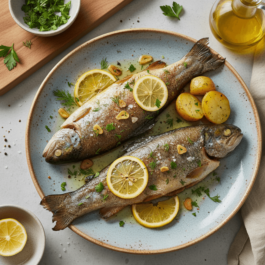 Kepti upėtakio pjausniai su citrinos riekelėmis ir žolelėmis, patiekti su bulvėmis