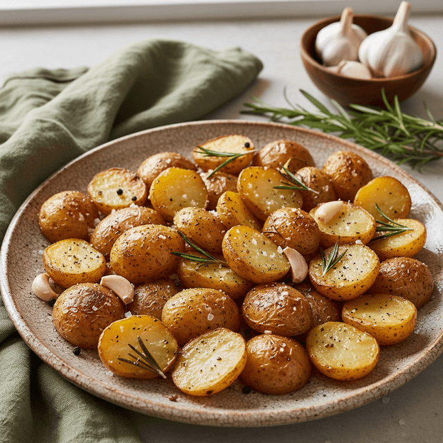 Lėkštėje patiektos auksinės spalvos keptos bulvės su smulkintais rozmarinais ir česnaku.