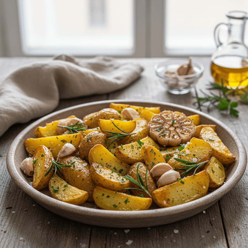 Auksinės spalvos keptos bulvės su rozmarinu ir česnaku, pabarstytos petražolėmis, patiektos ant medinės lentos.