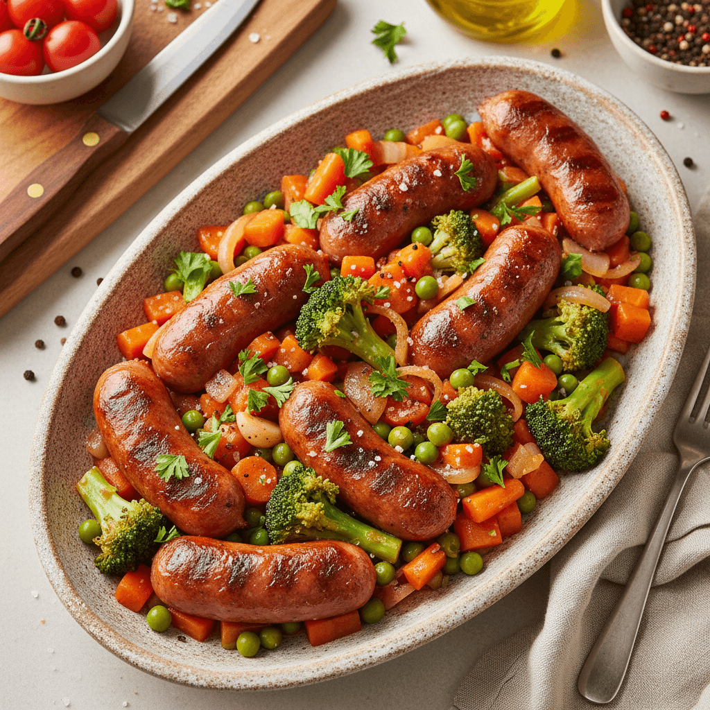 Lėkštė keptų dešrelių su spalvingomis daržovėmis, paruoštų keptuvėje