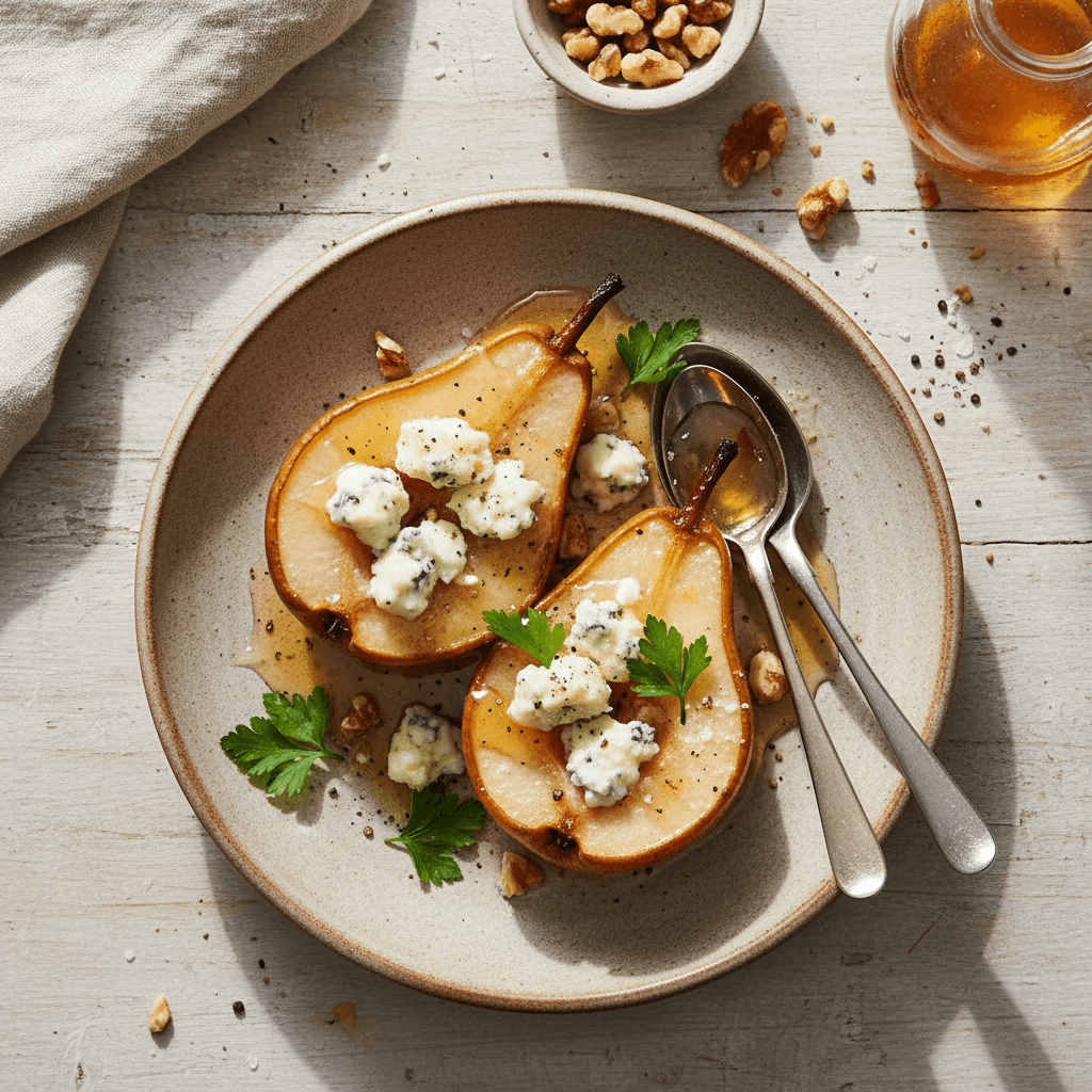 Keptos kriaušės su išlydytu mėlynuoju sūriu ir medumi, pabarstytos graikiniais riešutais ir petražolėmis.
