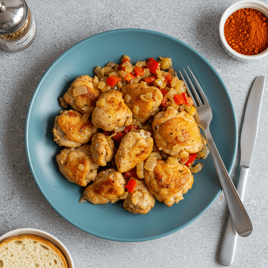 Keptuvėje kepti vištienos šlaunelių gabalėliai su svogūnais ir paprika
