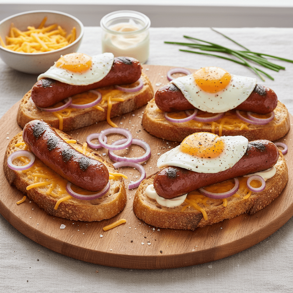 Du sumuštiniai su keptomis dešrelėmis, kiaušiniais ir tirpstančiu sūriu, patiekti ant medinės lentelės.