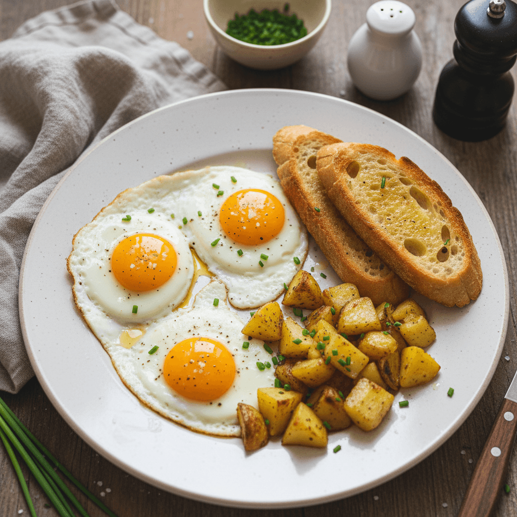 Lėkštėje patiekta kiaušinienė su keptomis bulvėmis ir skrudintu batonu, pabarstyta šviežiomis žolelėmis.