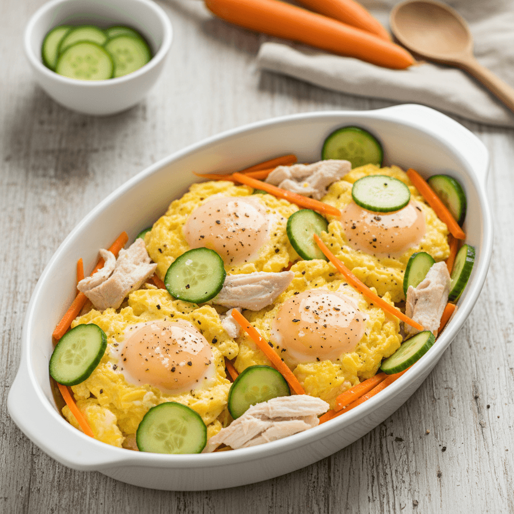 Purus omletas su virtos vištienos krūtinėlės gabalėliais, smulkiai tarkuotomis morkomis ir agurkais, patiektas lėkštėje.