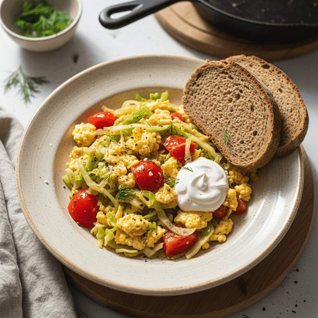 Kiaušinienė su keptais kopūstais ir pomidorais, patiekta lėkštėje su juodos duonos gabalėliu.