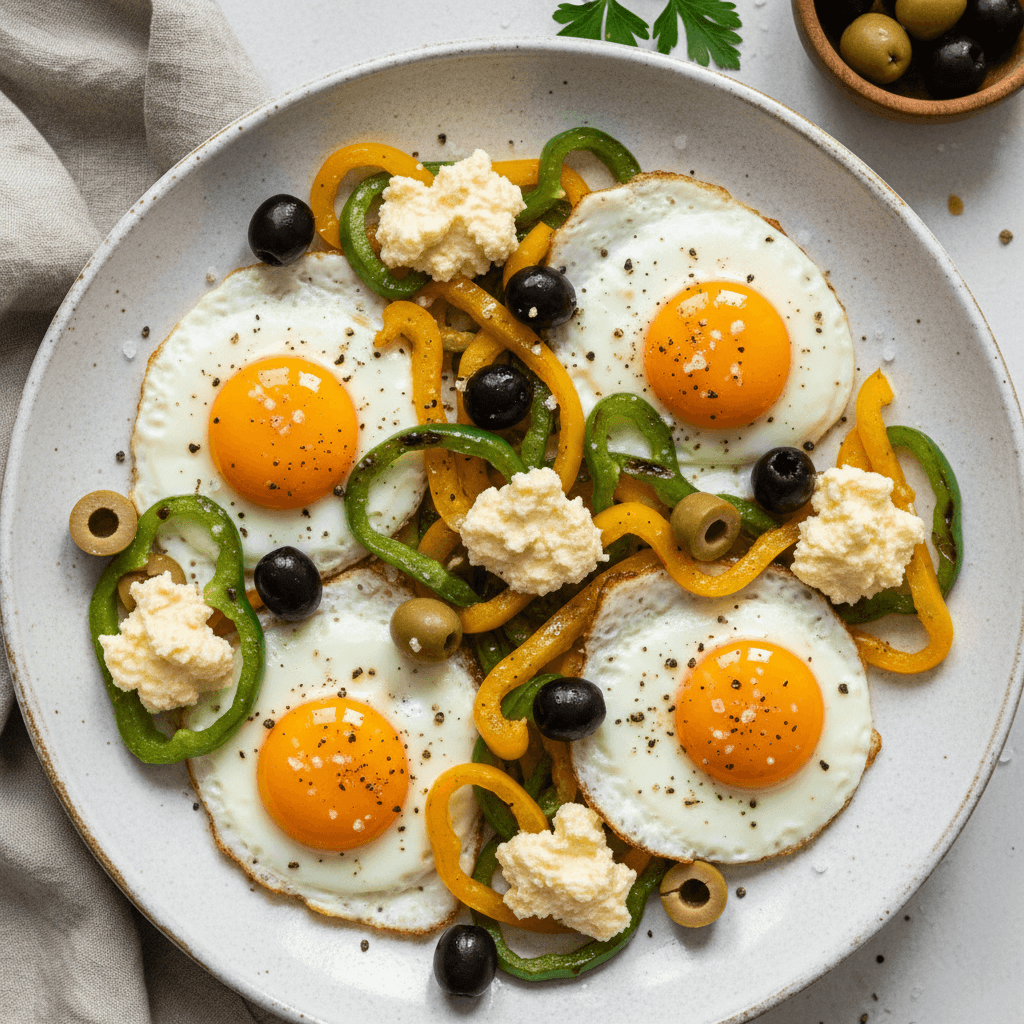 Spalvinga kiaušinienė su geltonomis ir žaliomis paprikomis, alyvuogėmis ir kreminės sūrio užtepėlės gabalėliais keptuvėje.