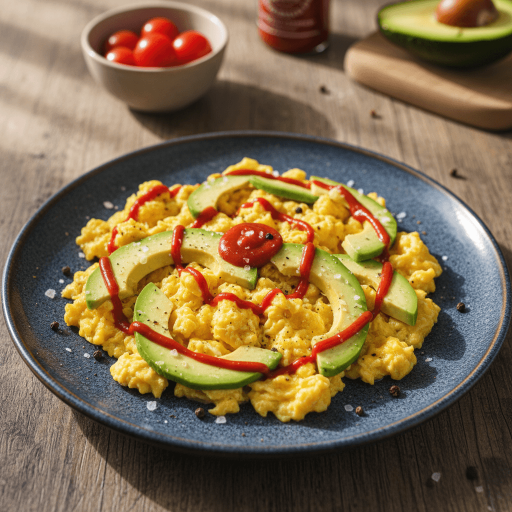 Lėkštėje patiekta kiaušinienė su supjaustyto avokado riekelėmis ir aštriu raudonu Sriracha padažu.